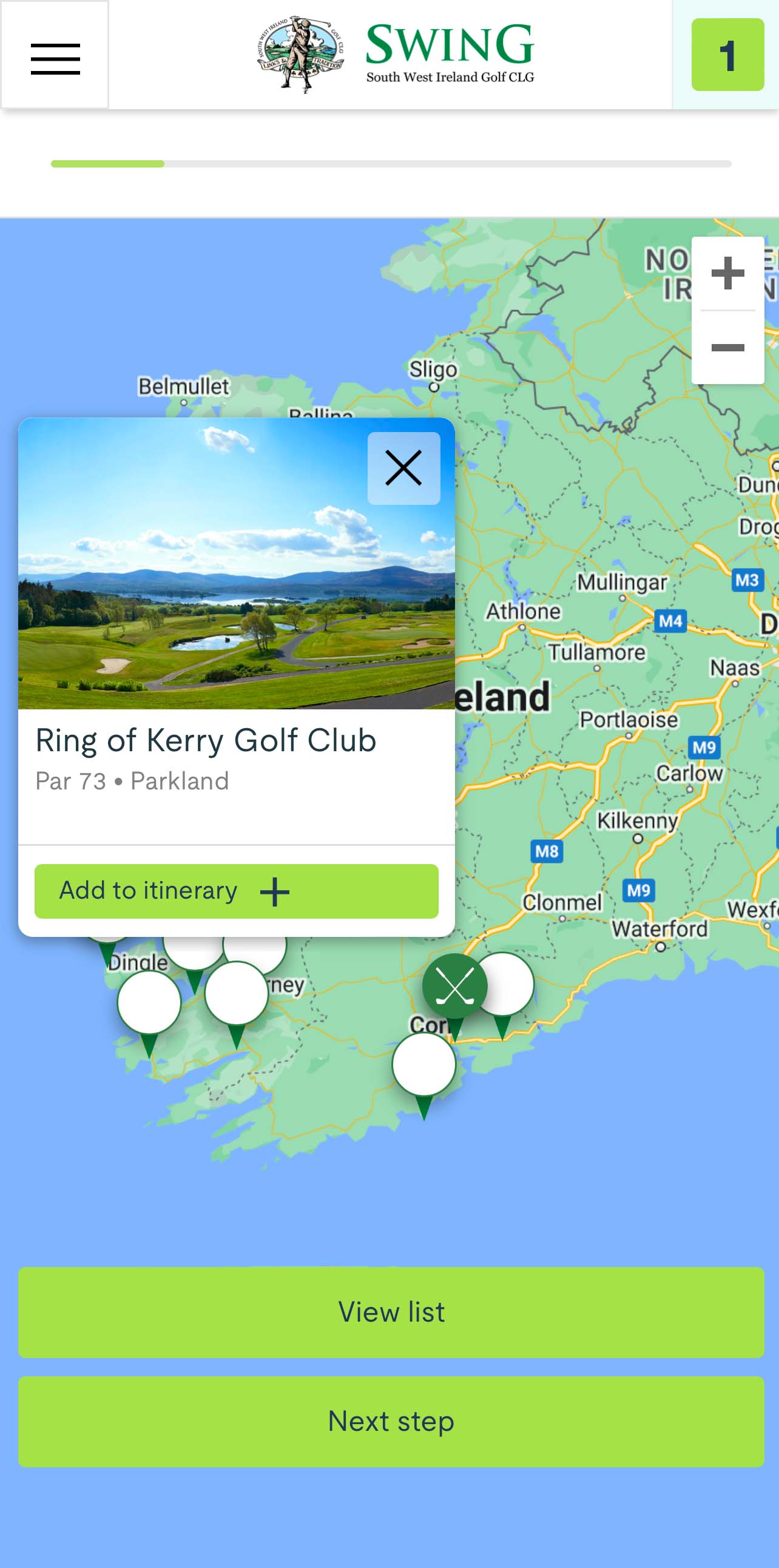 SWING Golf Mobile Web Design Tour Planner Showing Golf Course