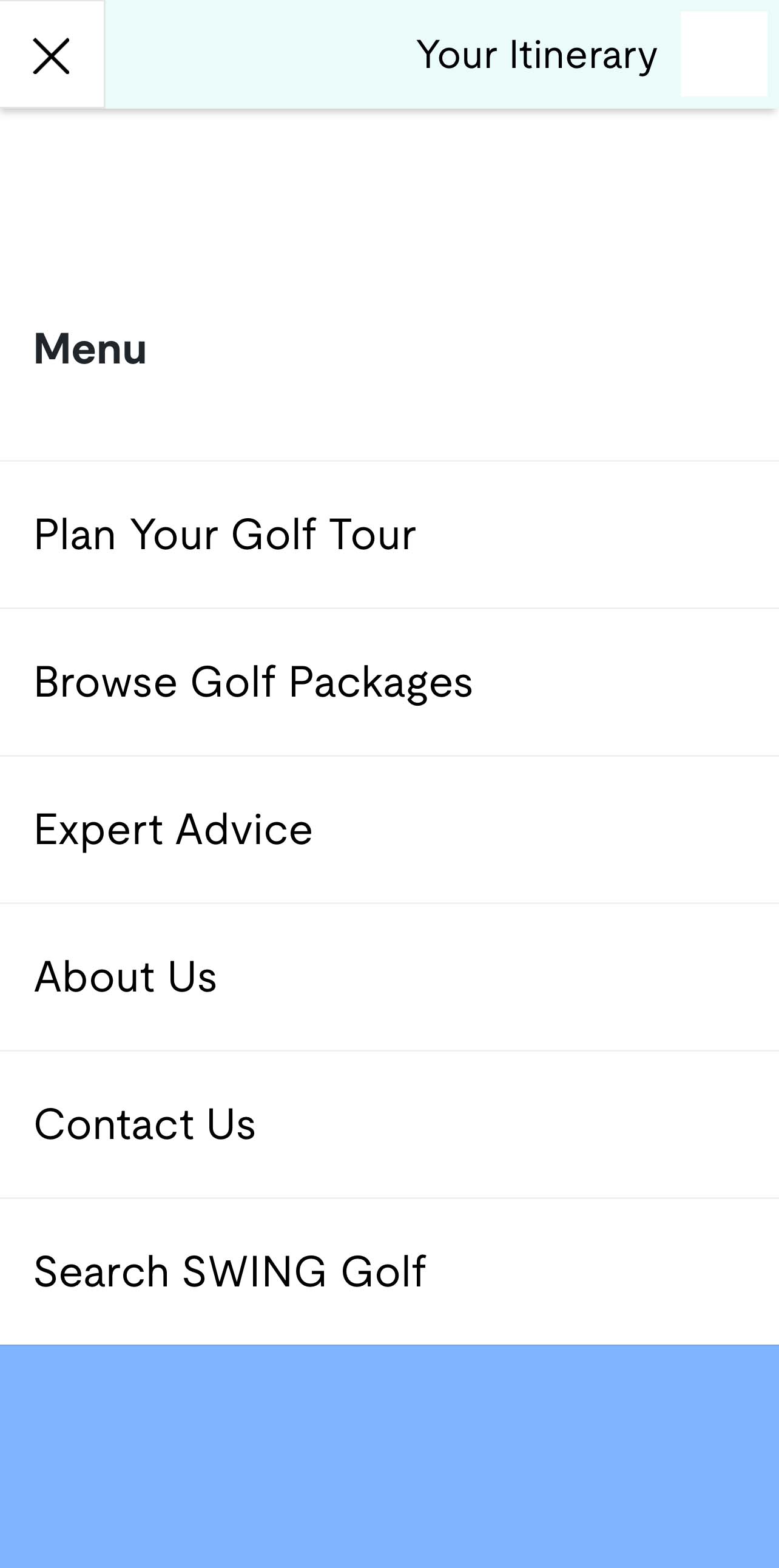 SWING Golf Mobile Web Design Menu
