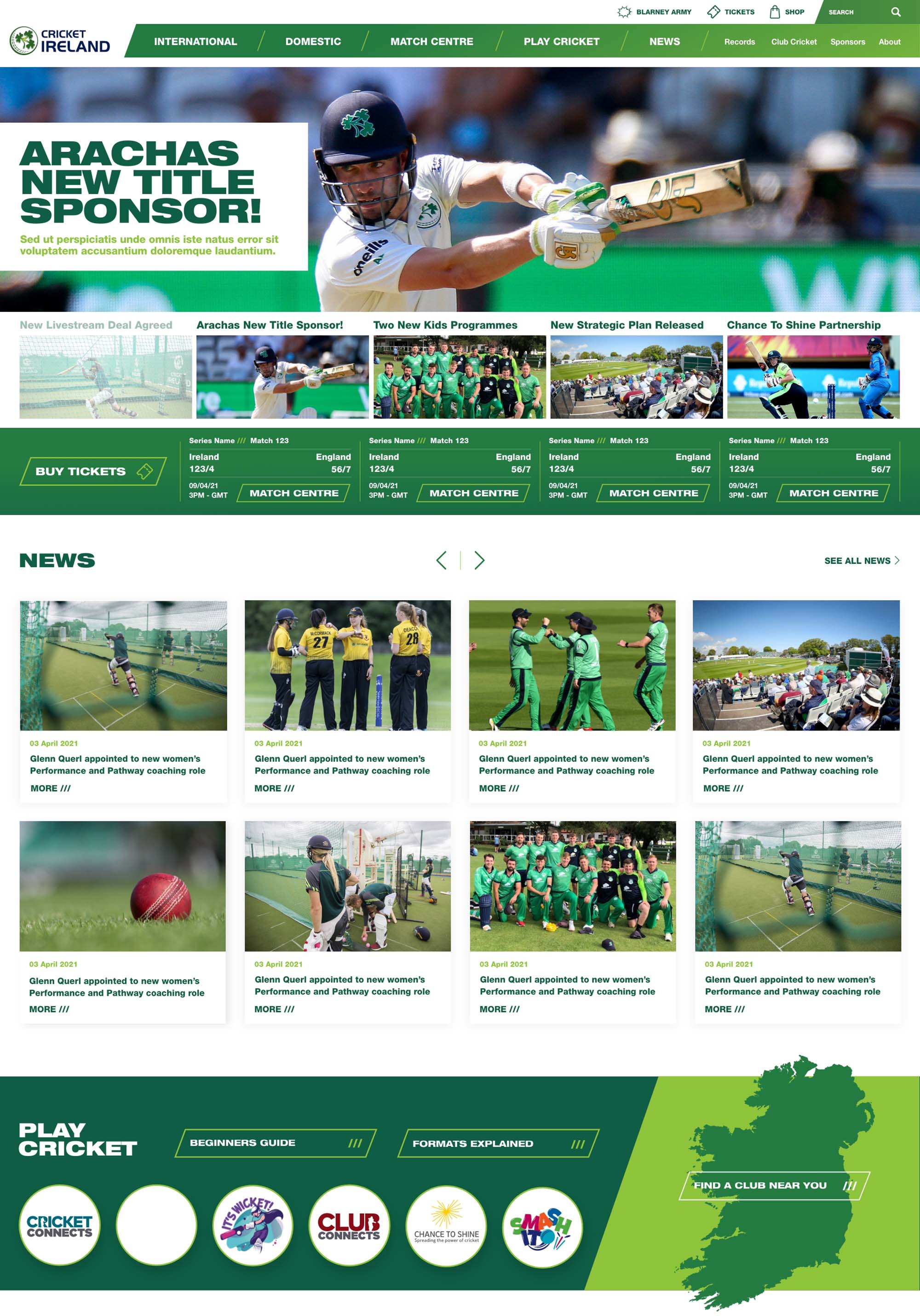 Cricket Ireland Website Homepage Design for Desktop